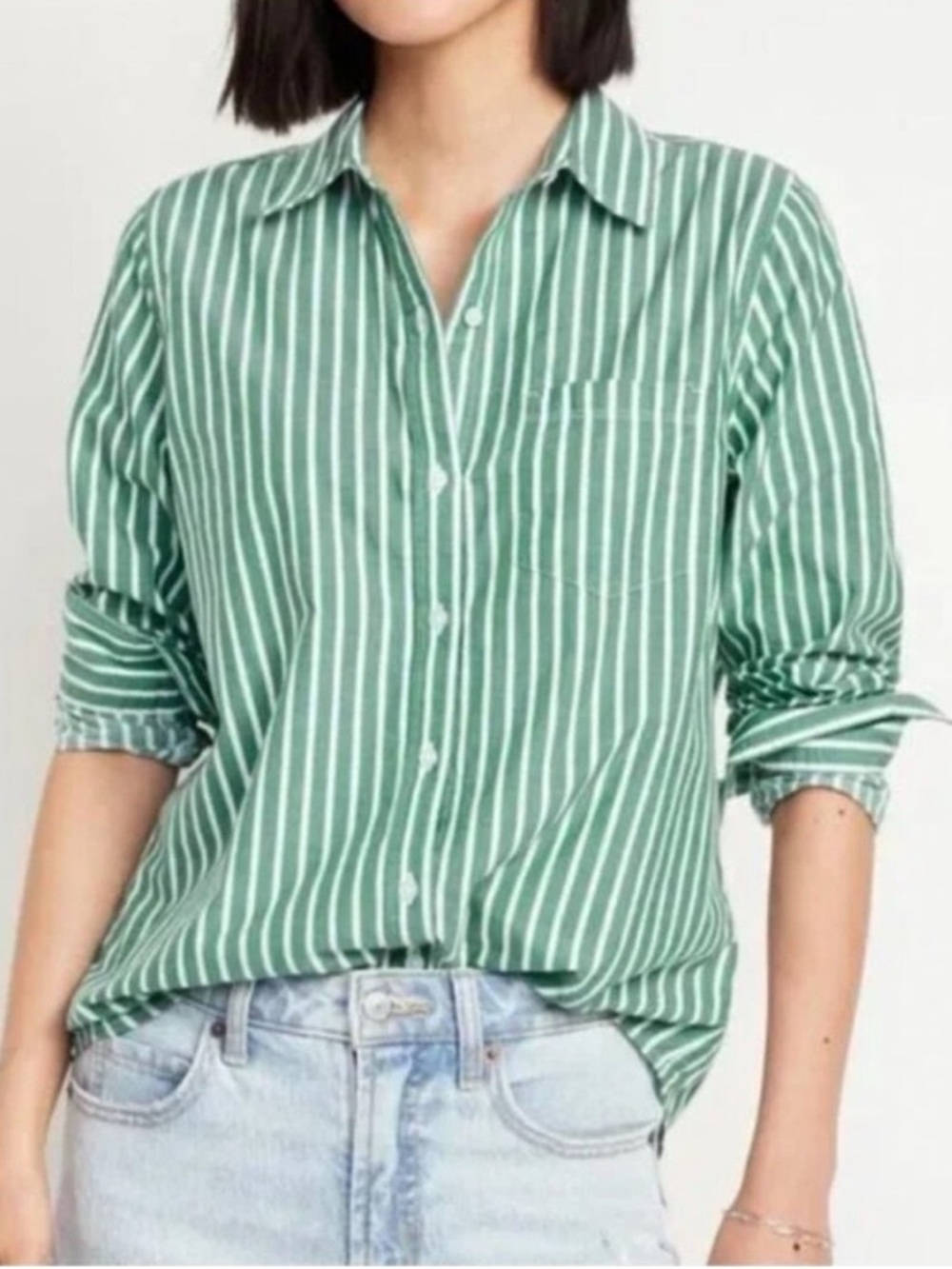 Old Navy White / Green Striped Boyfriend Shirt
